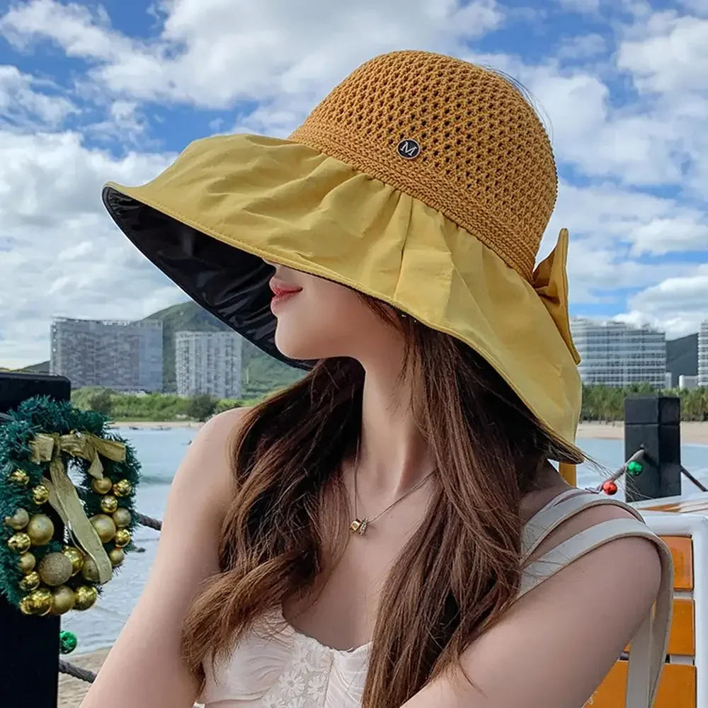 Dospita Summer Hats for Women Outdoor Panama Hat UV Protection Sunhat Foldable Wide Brim Sunhat Bucket Cap Large Brim Sunshade Beach Cap