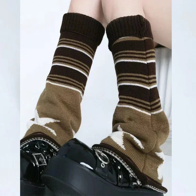 Dospita Women Leg Warmers Y2K Gothic Brown Star Japanese Knitted Socks Hot Girl Accessories High Tube Calf Socks Boots Cover Socks