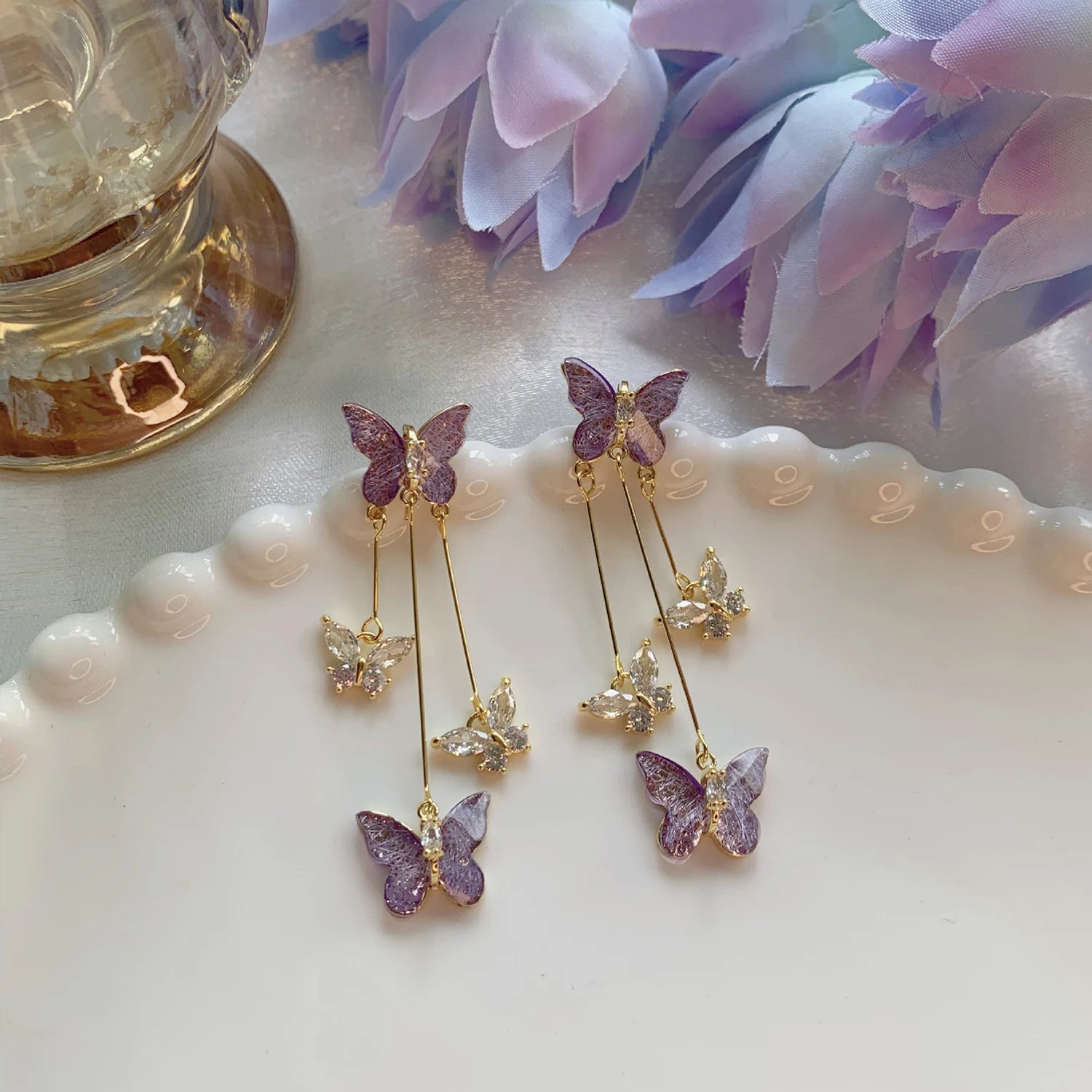 Dospita New Fashion Trend Unique Design Elegant Delicate Purple Crystal Butterfly Tassel Earrings Women High Jewelery Wedding Gifts