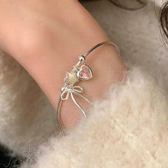 Dospita Y2K Pink Crystal Zircon Heart Bowknot Star Pendant Bangles for Women Girl Simple Korean Aesthetic Fashion Jewelry Birthday Gifts