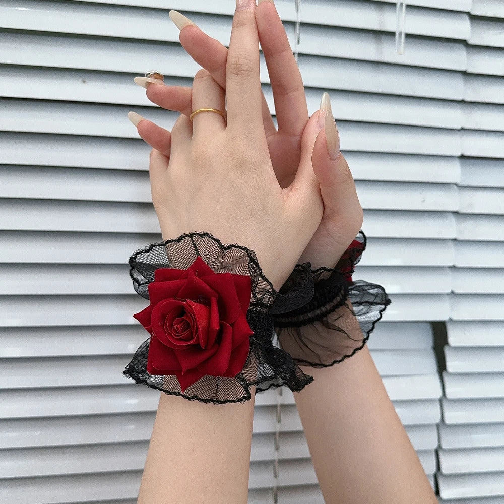 Dospita  -  2pcs Red Gothic Lace Rose Wristband Lolita Charm Bracelets Flower Mesh Hand Ornaments Ruffle Lace Wristbands Roses Accessories