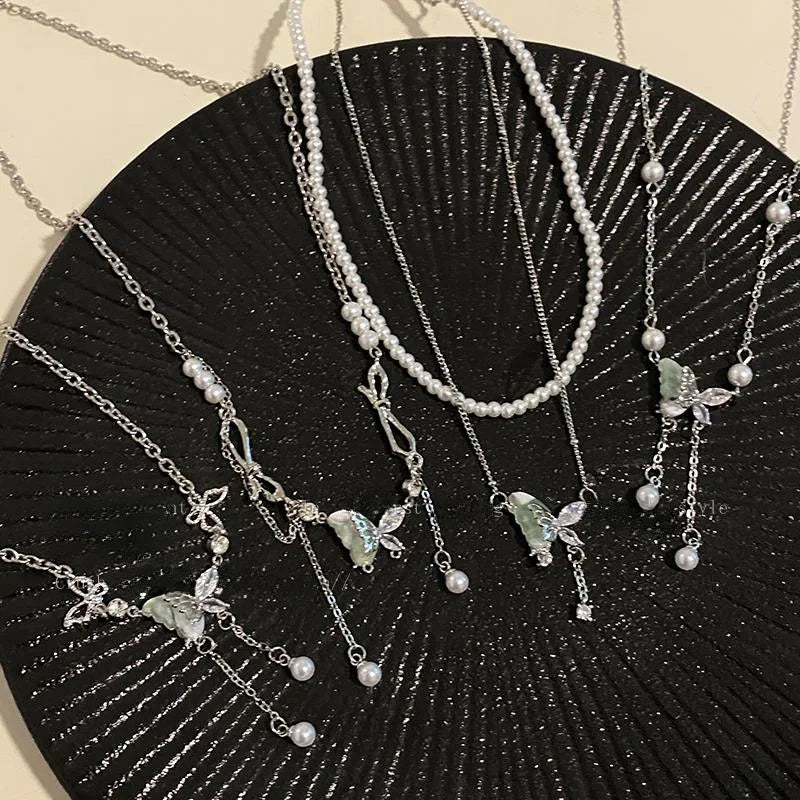 Dospita New Shiny Green Zircon Butterfly Necklaces for Women Sparkling Exquisite Clavicle Chain Bracelet Jewelry Sets Gifts