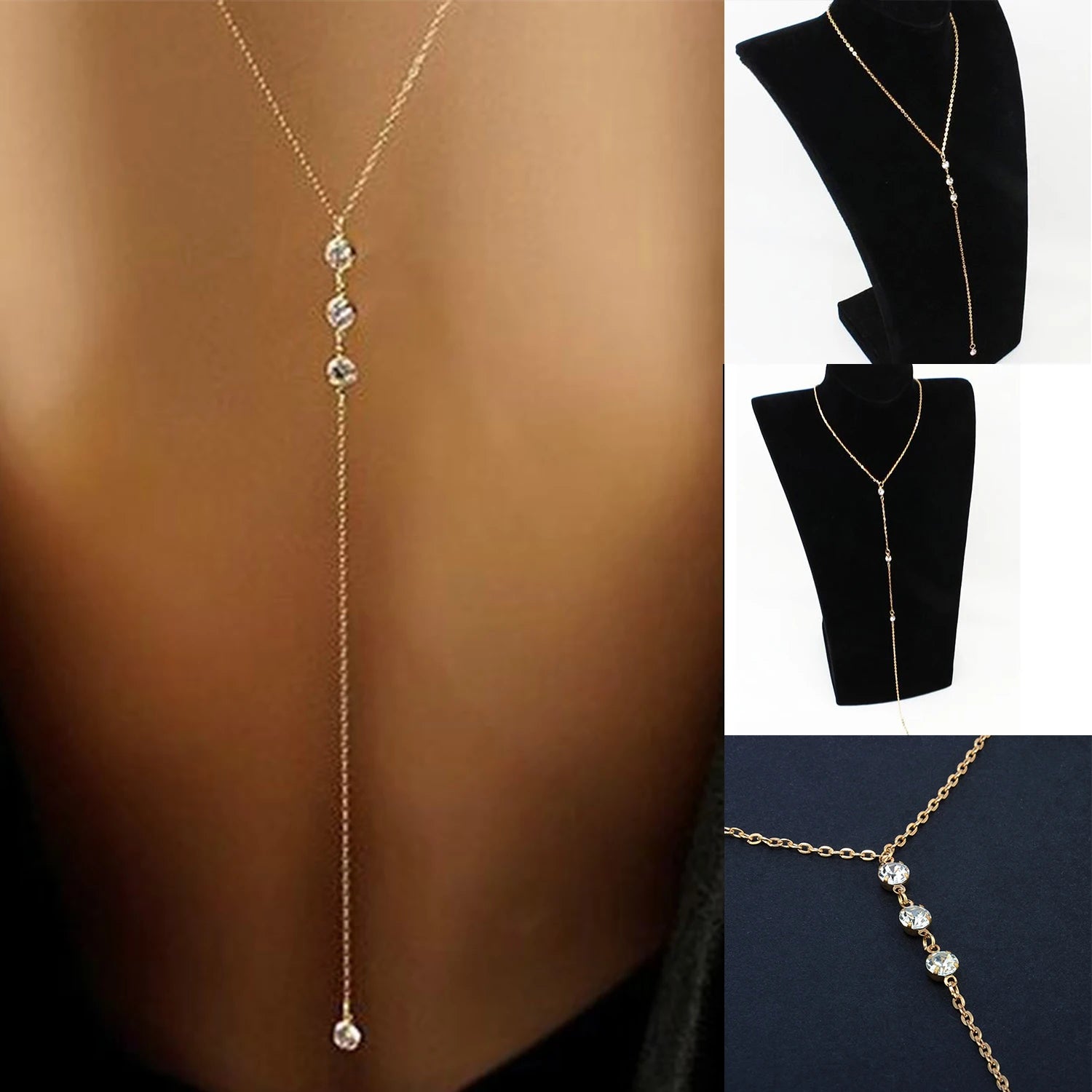 Dospita Sleek Minimalist With Rhinestones Sexy Dew Behind The Back Chain Necklace Body Chain Long Ladies Charm Jewelry Accessories