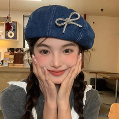 Dospita Japanese Korean Style Pearl Bow Beret Y2K Blue Denim Octagonal Hat Sweet Breathable Cowboy Beret Cap Girls