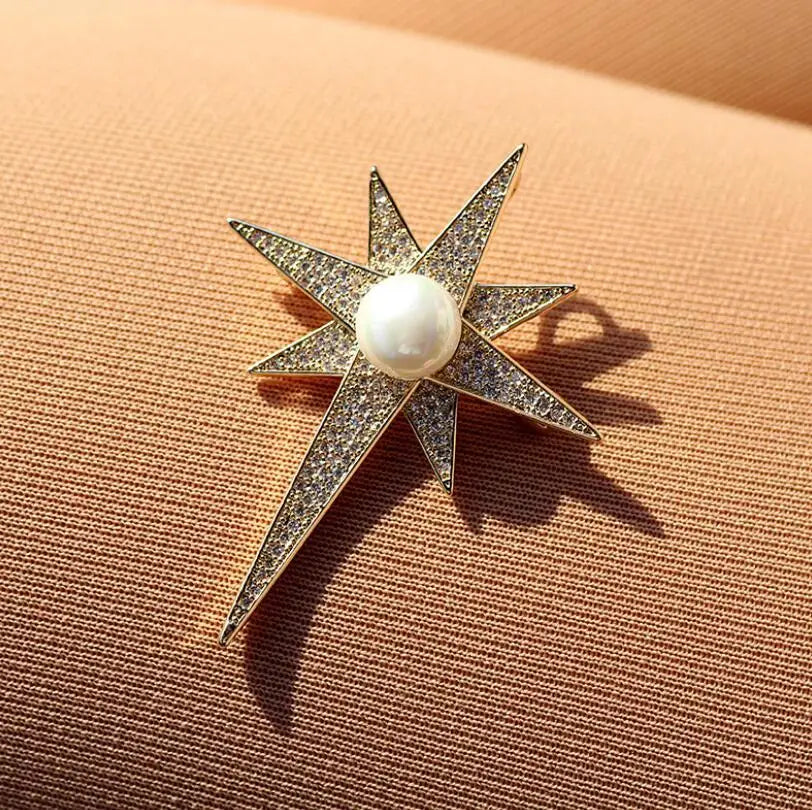 Dospita Shiny Encrusted Rhinestone Pearl Layer Eight Pointed Star Brooches Pins Men And Momen Clothing Jewelry Party Accessories Gifts