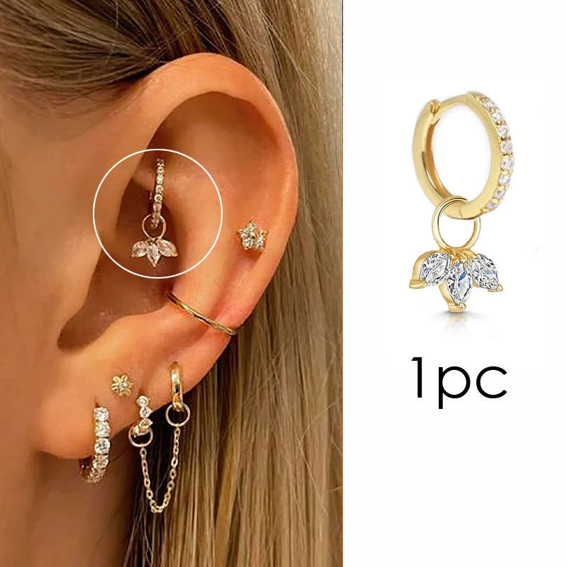 Dospita  -  1pc Crown Pendant Dangle Earrings For Teen Girl Kpop Style Gold Color Stainless Steel Hoops Ear Cartilage Rook Piercing Jewelry