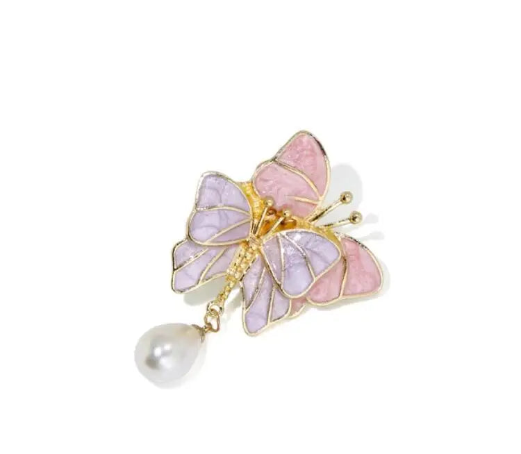 Dospita Enamel Pink Purple Butterfly Brooches For Woman Cute Pearl pendant Little Insect Animal Brooch Clothing Jewelry  Accessories