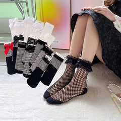 Dospita Fishnet socks bow Japanese women Lolita Sweet Princess socks White cute Korean version black lace fishnet socks