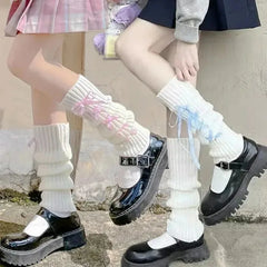 Dospita  -  Woman Lolita Leg Warmer Autumn and Winter Ribbon Lolita Black Knee Warmers Long Socks JK Knitted Girl White Leg Warmers Stocking