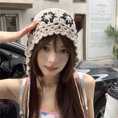 Dospita Japanese Hand-woven Girl Hollow Thin Knitted Bucket Hat Summer Headscarf Hats Cute Breathable Beanie Cap Fashion for Women Caps