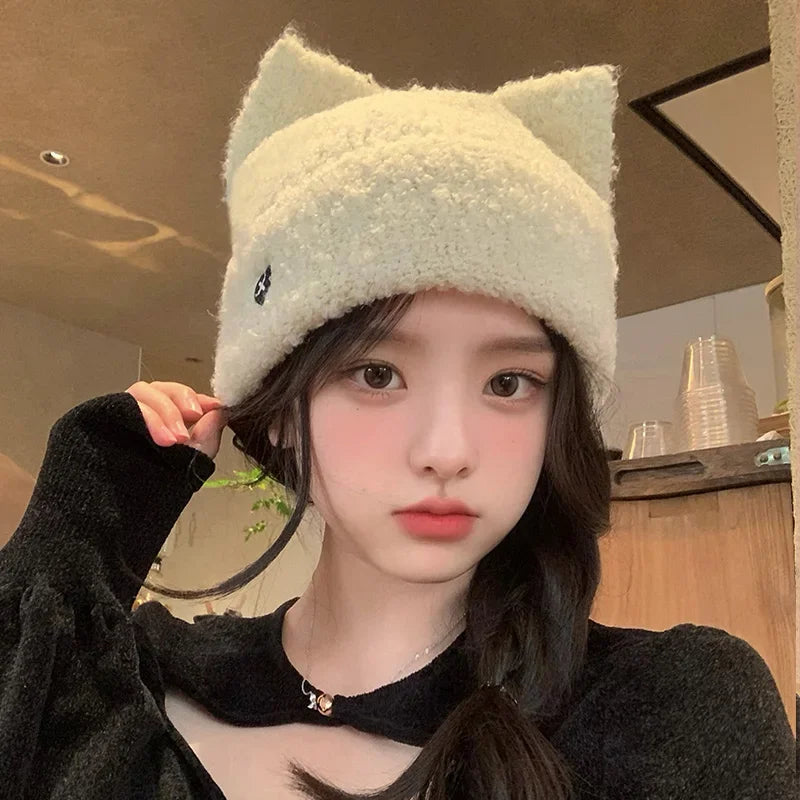 Dospita Japanese Y2k Sweet and Cute Cat Ear Beanies for Women Autumn and Winter Warm Ear Protection Love Embroidered Plush Knitted Hat