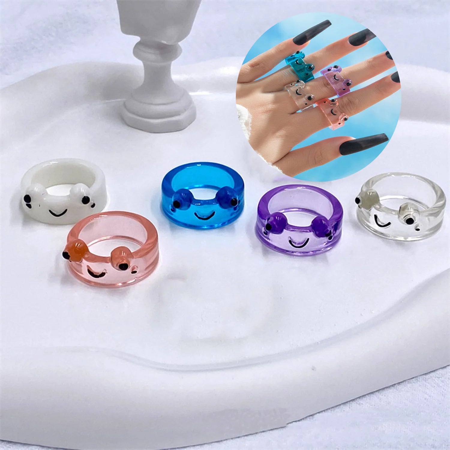 Dospita New Fashion Cartoon Colorful Transparent Frog Rings Resin Cute Animal Finger Rings Jewelry For Women Girl Party Gift