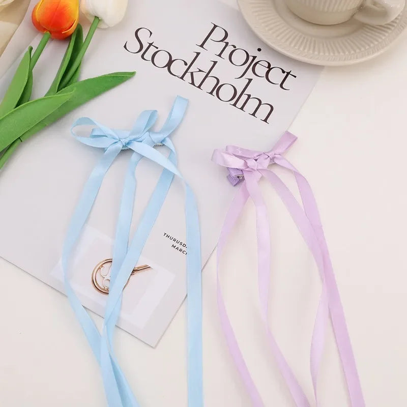 Dospita Long Ribbon Bow Hair Claw Women Girls Sweet Solid Color Alloy Hairpins Sweet Daily Exquisite Side Clips Fashion Hair Accessories