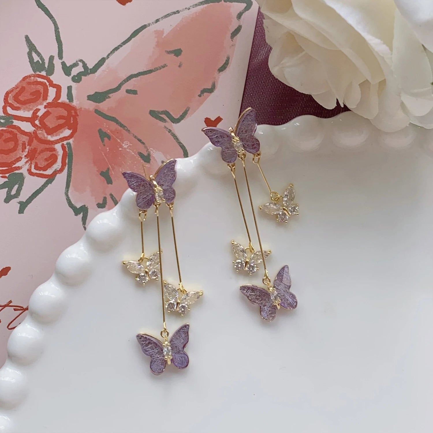 Dospita Fashion Aesthetic Purple Crystal Butterfly Dangle Earrings for Women Long Tassel Earring Wedding PartyStatement Jewelry Gift