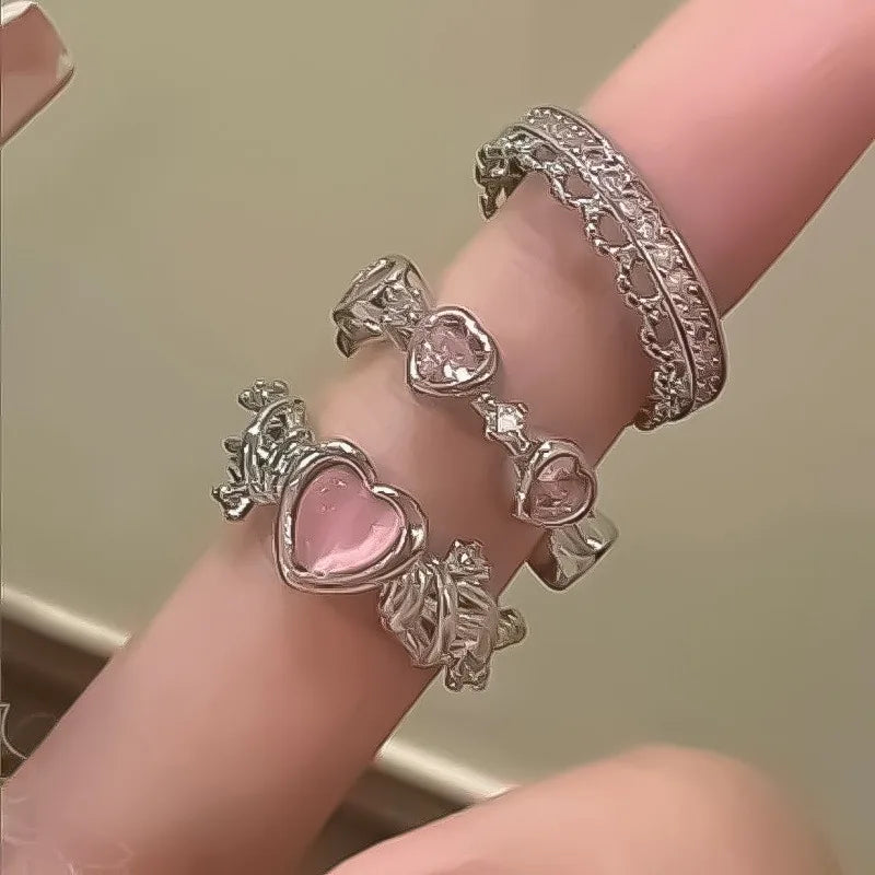 Dospita 3PCS Y2K Irregular Heart Rings for Women Creative Purple Crystal Love Geometric Open Finger Ring Set Trendy Vintage Jewely Gifts