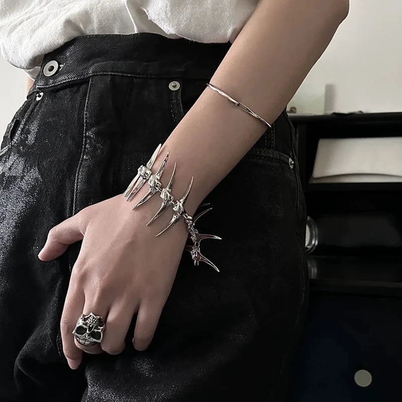 Dospita Cyberpunk Silver Thorny Spine Fishbone Bracelet Gothic Hip Hop Unisex Metal Chain Bangle Couple Choker Jewelry Accessories