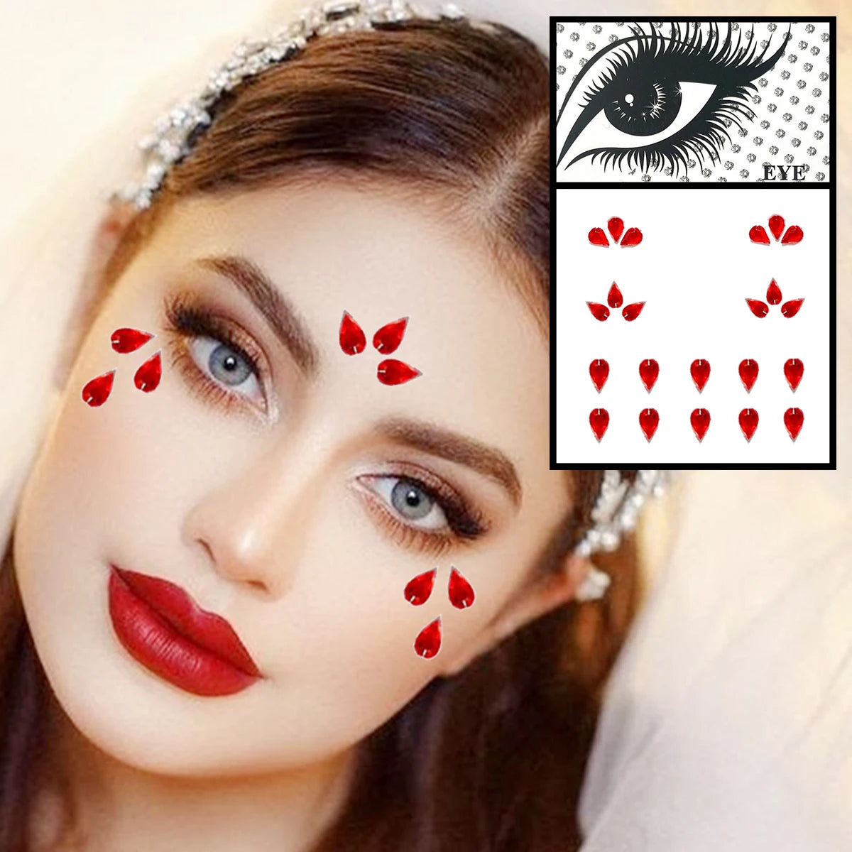 Dospita  -  Red Heart Face Jewelry Temporary Tattoos Eye Forehead Diamonds Jewels Makeup Sticker Sparkle Water Drop Gems Nail Art Festival