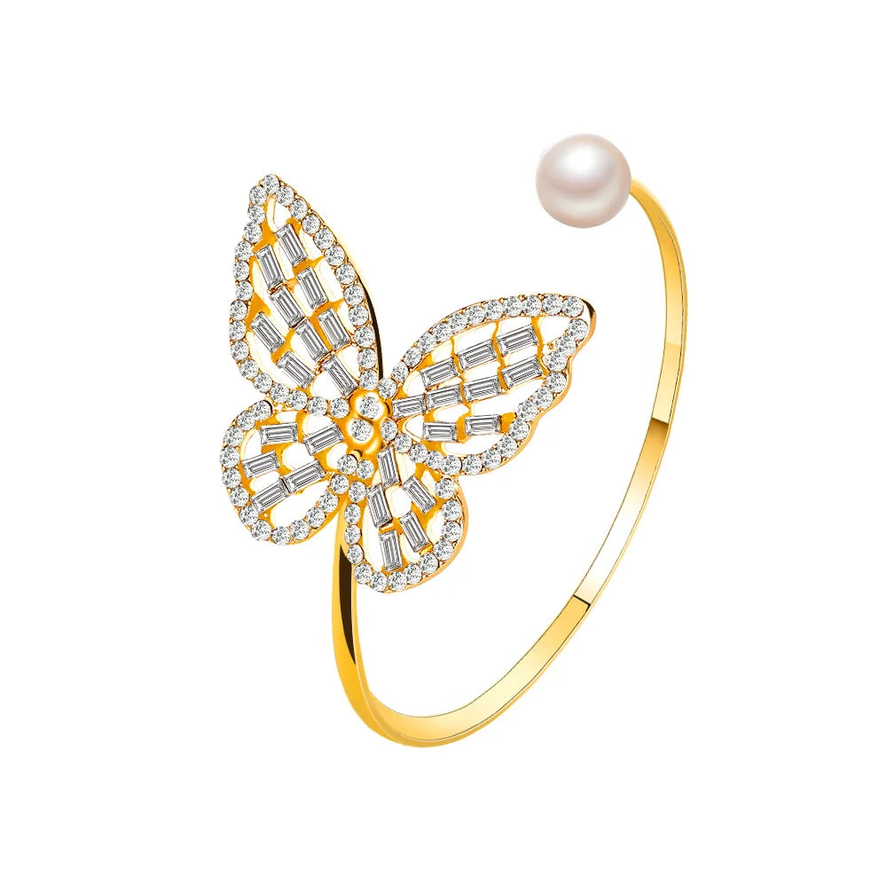 Dospita Hollow Zircon Butterfly Bracelet Pearl Crystal Butterfly Bracelets for Women Silver Color Bracelets &Bangles CF