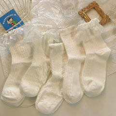 Dospita 5 Pairs Lolita Socks White Bow Lace Socks Middle Tube Japanese College Style Princess Socks Sweet JK Streetwear Hosiery