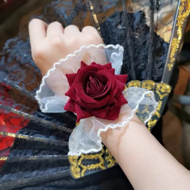 Dospita  -  2pcs Red Gothic Lace Rose Wristband Lolita Charm Bracelets Flower Mesh Hand Ornaments Ruffle Lace Wristbands Roses Accessories