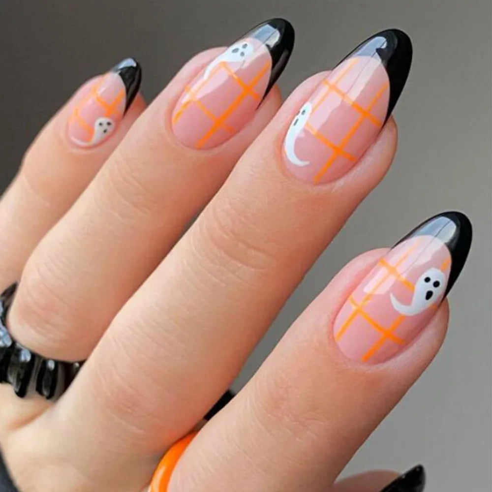 Dospita 24Pcs Halloween Almond False Nails with Glue Flame Ghost Design Fake Nail Tips Long Oval Press on Nails Full Cover Manicure