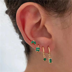 Dospita  -  4PCS Fashion Green Crystal Zircon Stainless Steel Hoop Earrings Set For Women Daily Versatile Square Earring Piercing Jewelry