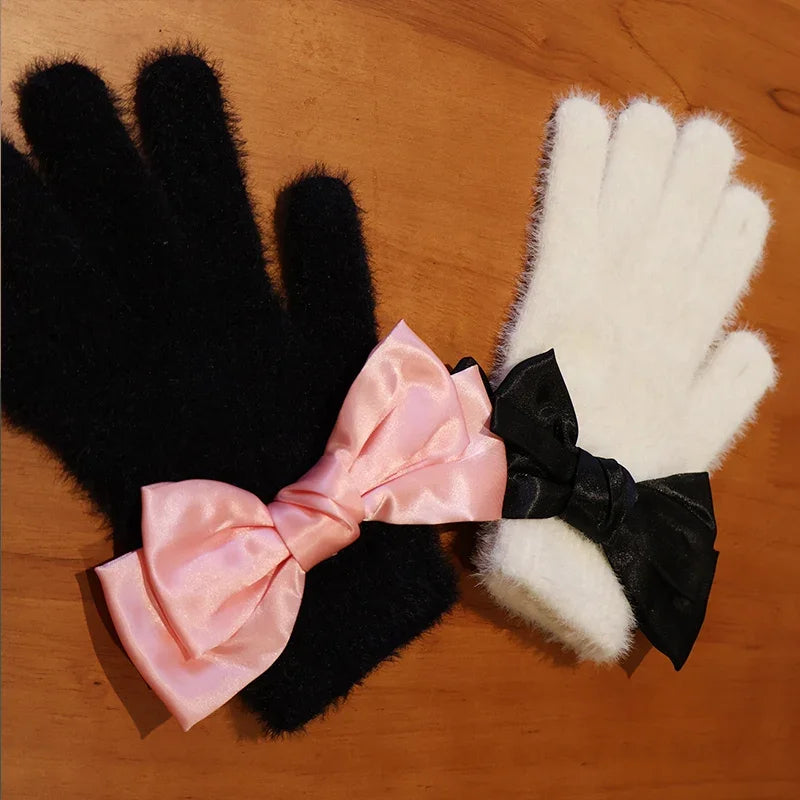 Dospita Kawaii Oversize Bow Tie Gloves Fur Lolita Winter Imitation Mink Hair Fullfinger Touch Screen Gloves Mittens Party  Accessories