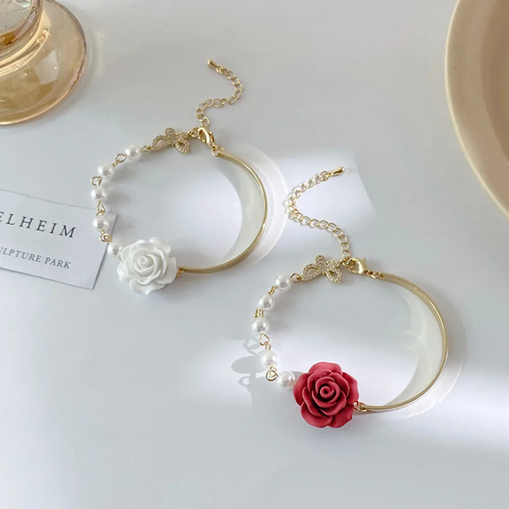 Dospita Retro Baroque Pearl Necklace With Rose Flower Pendant Romantic Shiny Butterfly Choker Necklace For Women Wedding Party Bracelet Jewelry