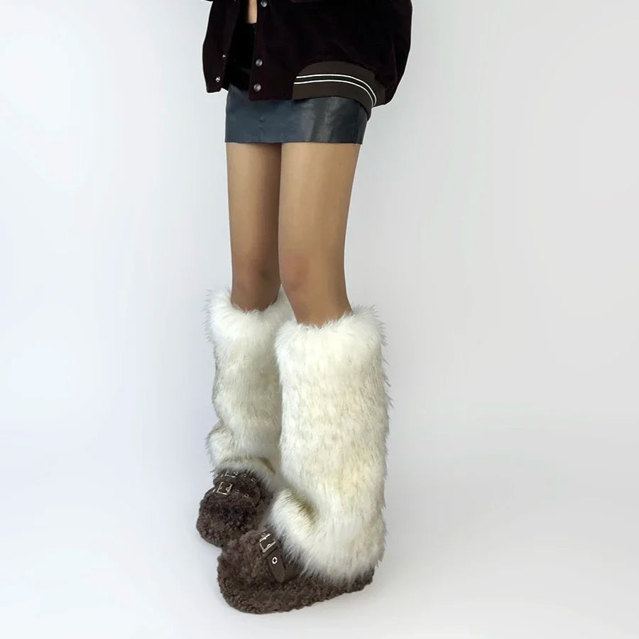 Dospita Thickened Imitation Fur Leg Warmers White Gray Y2k Winter Warm JK Furry Boots Socks Gothic Punk Jk Knee-length Hiphop Stockings