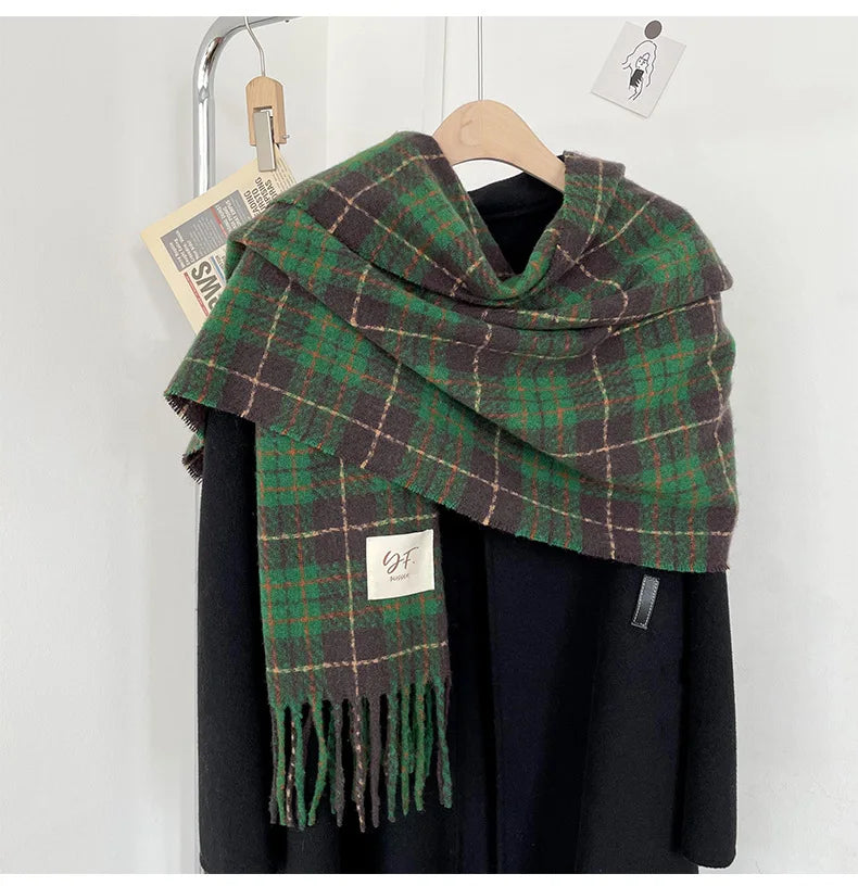 Dospita Women's Cashmere Scarf Green Plaid Vintage Winter Korean Thick Warm Long Tassel Shawl Neck Christmas Gift Fashion Accessories