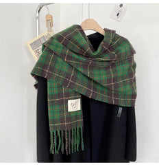 Dospita Women's Cashmere Scarf Green Plaid Vintage Winter Korean Thick Warm Long Tassel Shawl Neck Christmas Gift Fashion Accessories