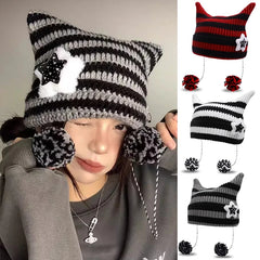 Dospita Y2K Beanie Hat Ins Little Devil Striped Knitted Wool Cap Autumn and Winter Cute Cat Ears Pentagram Pullover Women's Hat Cap