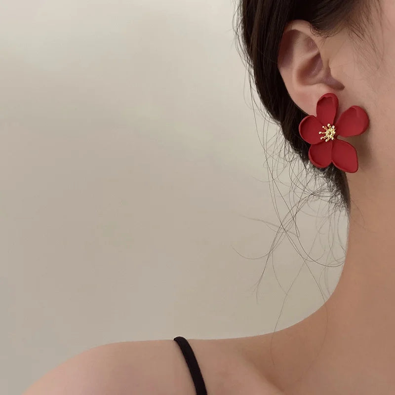 Dospita  -  Big Red Flower Stud Earrings For Women Vintage Retro Metal Geometric Ear Accessories Holiday Party Gift OL Fashion Jewelry