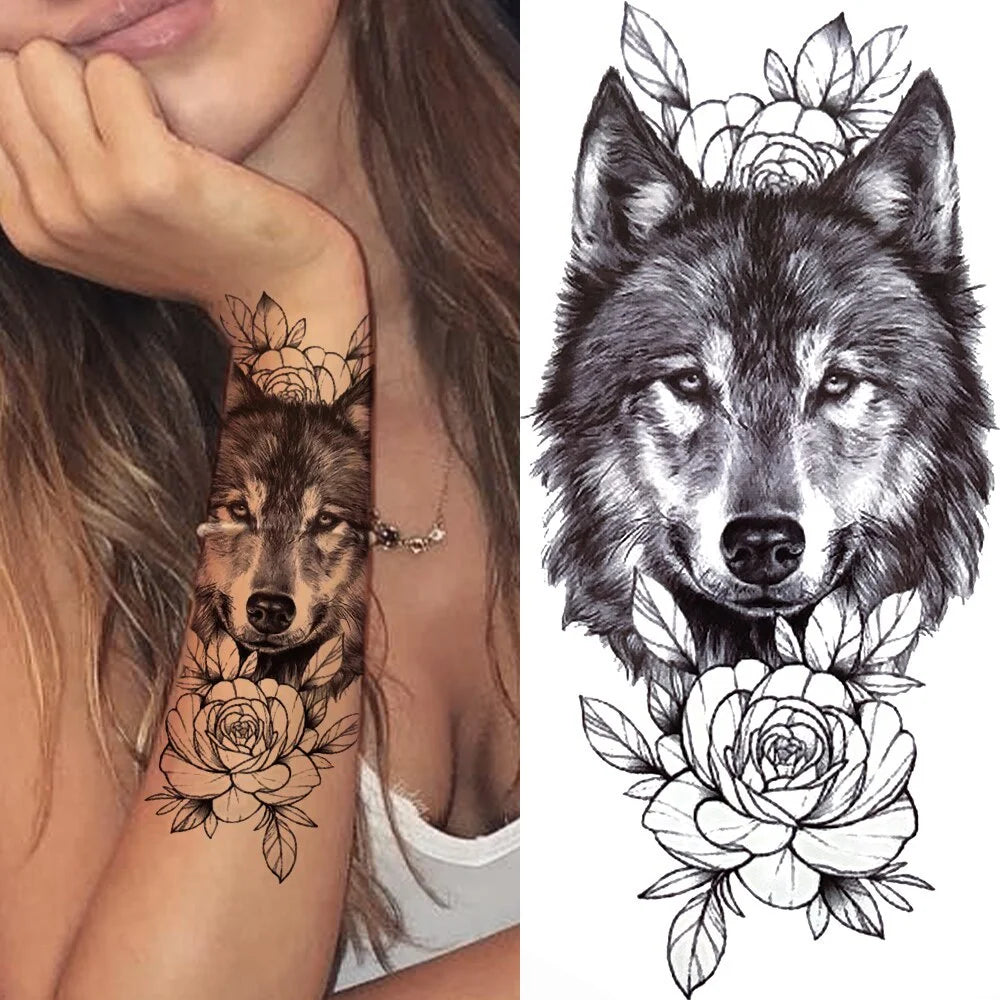 Dospita  -  1 Sheet Black Forest Tattoo Sticker for Men Woman Child Tiger Wolf Skull Flower Temporary Tattoo Skull King Animal Fake Tattoo