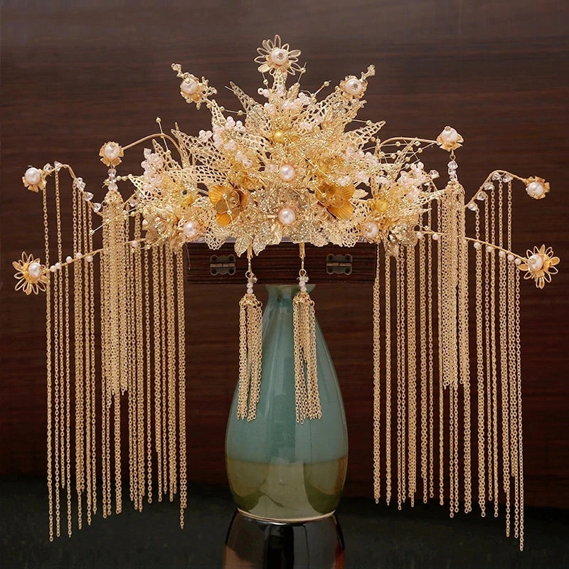 Dospita Chinese Wedding Bride Crown Handmade Flower Tassels Wedding Tiara Bridal Queen Princess Crowns Women Costume Hair Accessories