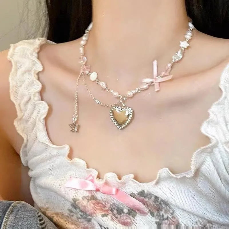 Dospita Fashion Bow Love Beaded Necklace For Women New Romantic Light Luxury Pink Clavicle Chain Party Jewelry Gift