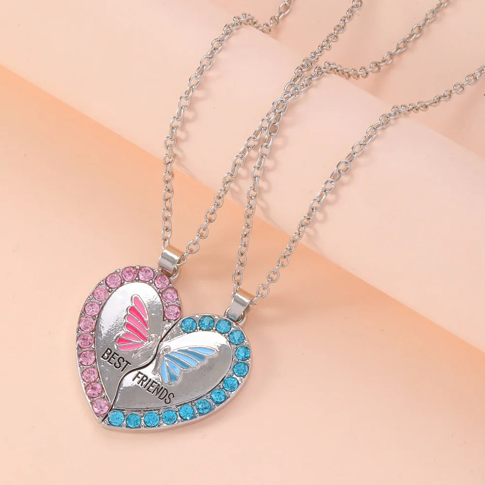 Dospita 2pcs/set Fashion Butterfly Heart Pendant Necklaces for Women Girls Rhinestone BFF Friendship Best Friends Necklace Jewelry Gifts