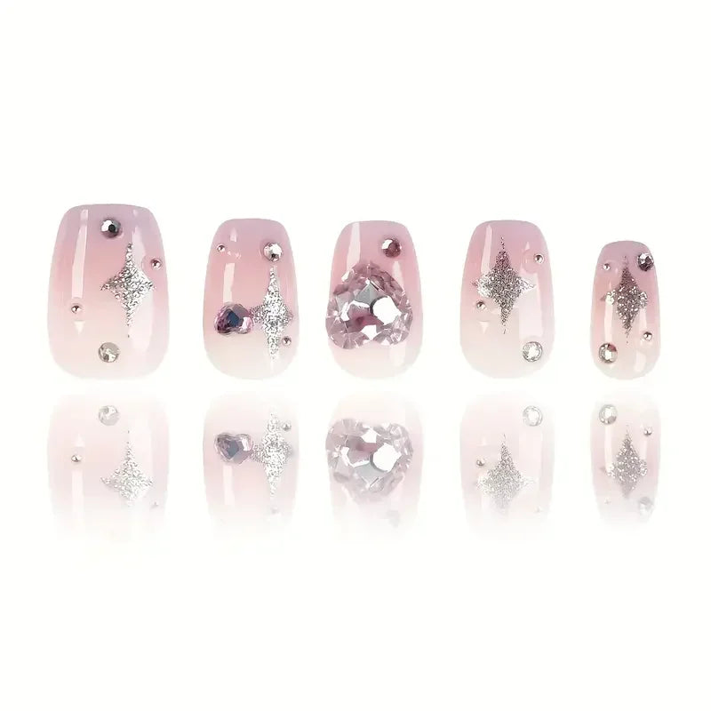 Dospita 24Pcs Pinkish Handmade Press On Nails Glossy Ballerina Short False Nails With Heart Design Rhinestone Fake Nails for Girls