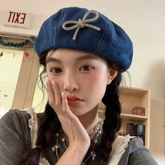 Dospita Japanese Korean Style Pearl Bow Beret Y2K Blue Denim Octagonal Hat Sweet Breathable Cowboy Beret Cap Girls