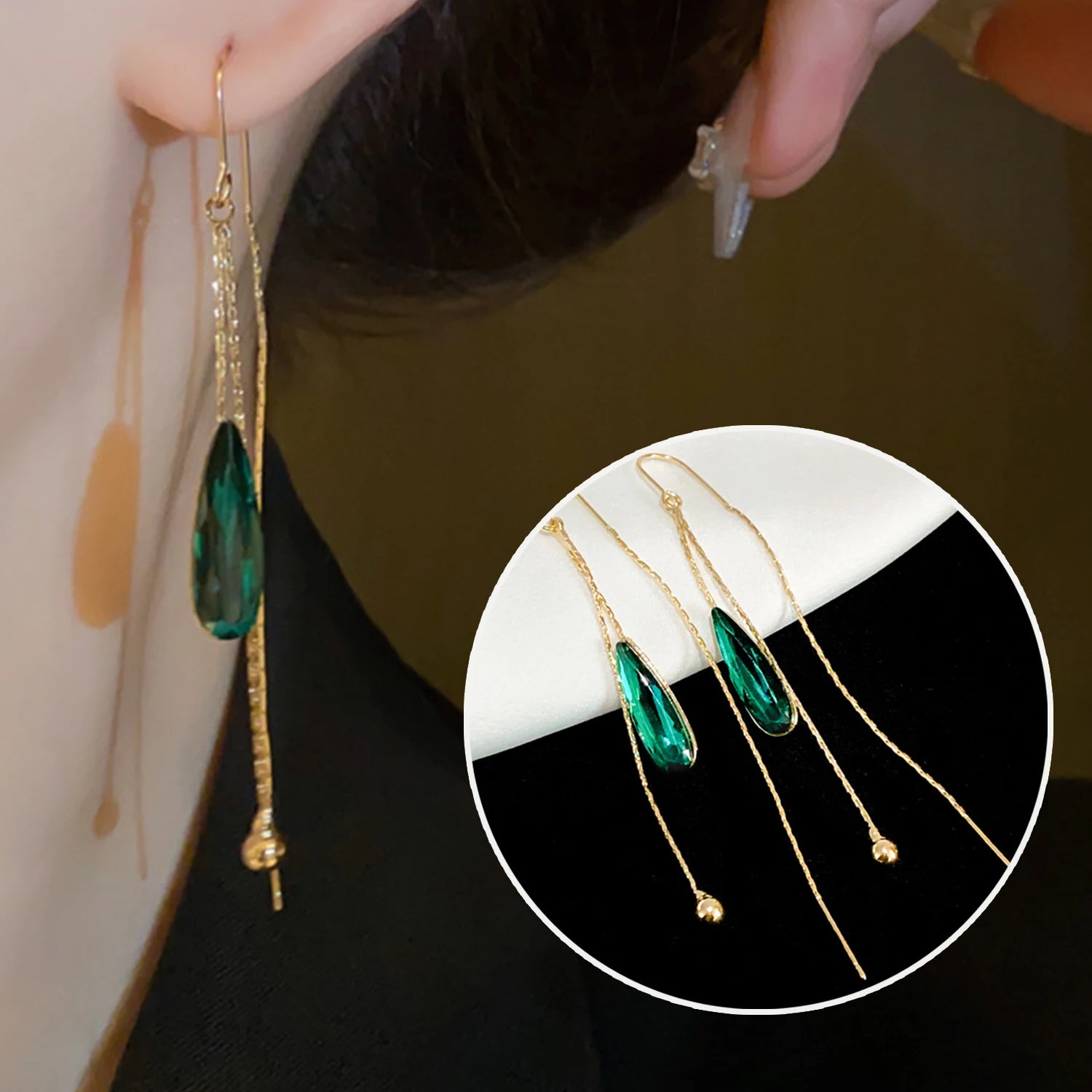 Dospita South Korea's New Long Green Drop Crystal Earstring Fashion Temperament Simple Tassel Earrings Women's Jewelry