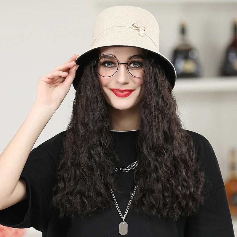 Dospita Y2k Long Curly Wig Fisherman Hat Women One-piece Wigs Hat Designer Wig Bucket Hats Chic Luxury Wig Bonnets Natural Wig Bonnet