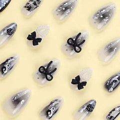 Dospita Pearl Heart Star False Nails Black Bow Gradient Color Press on Nails Sequin Almond Removable False Nail Nail Art for Women&Girll