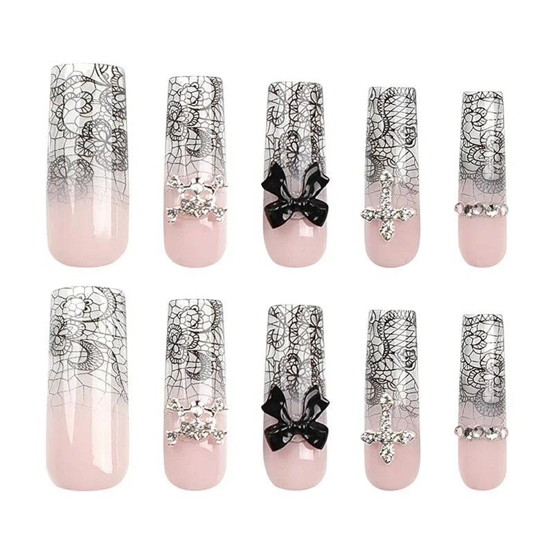 Dospita 24Pcs Black bow False Nails Diamond Cross Long Ladder Sand Pattern Press on Nail Wearable Nail Tip for Women and Girls