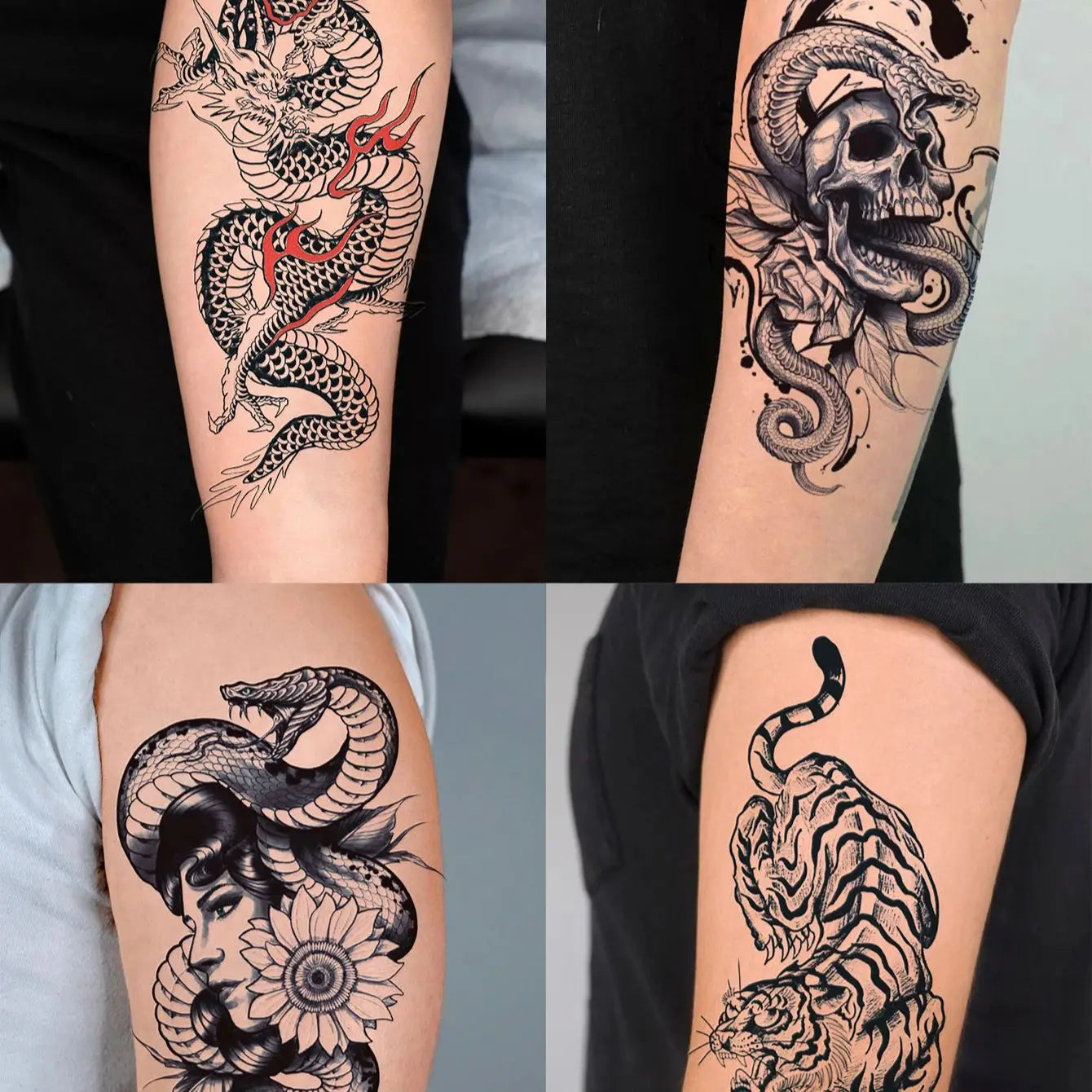 Dospita  -  12 Brand New Creative Design Dark Dragon Tiger Tattoo Stickers for Women's Semi Permanent Tattoo Stickers