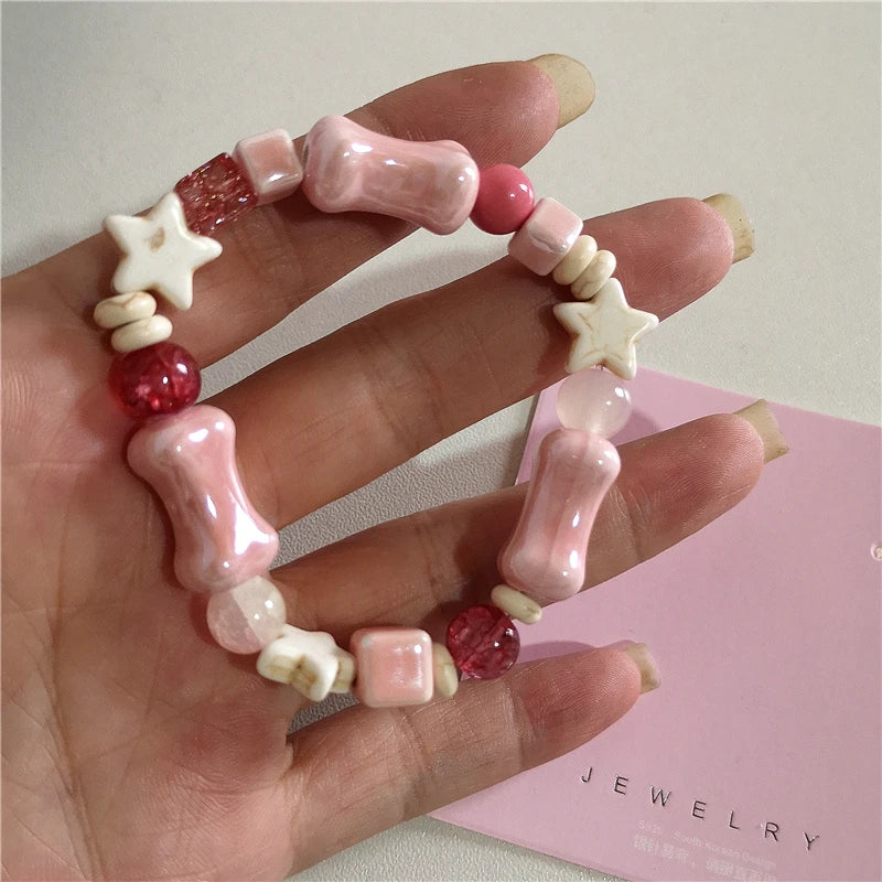 Dospita  -  Cute Y2K Harajuku Aesthetic Pink Acrylic Ceramic Star Beaded Bracelet For Girl EMO 2000s Charm Jewelry Accessories Birthday Gift