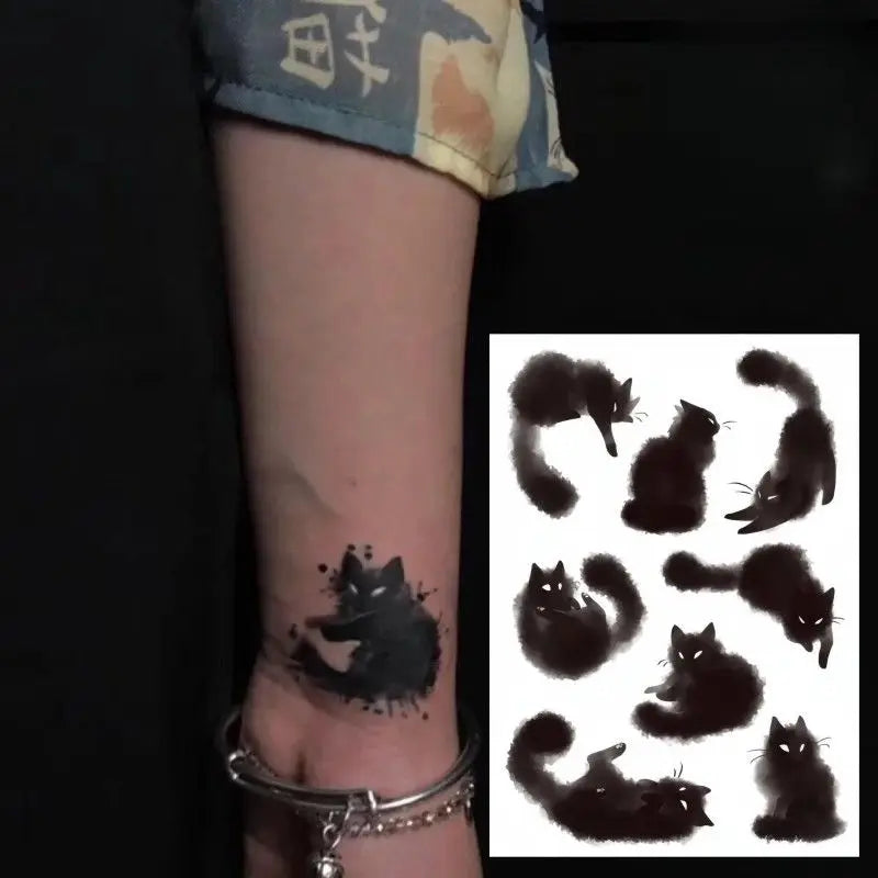 Dospita  -  Cute Black Cat Tattoo Stickers for Women Man Arm Art Temporary Tattoos Waterproof Fake Tattoo Cartoon Lasting Tattoo Stickers