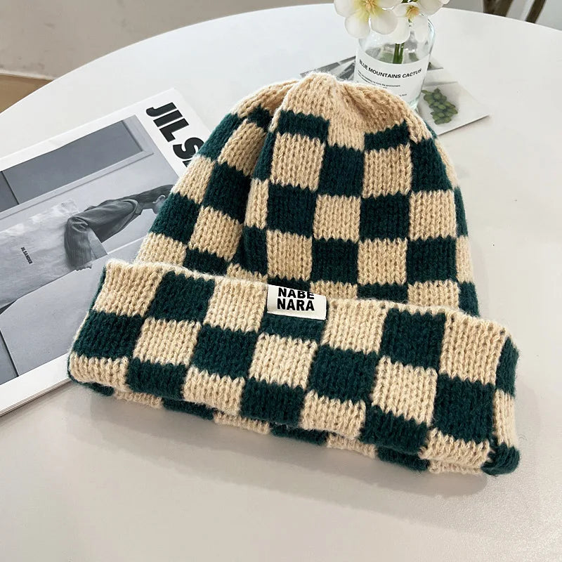 Dospita  -  Fashion Plaid Knitted Beanies for Women Winter Pullover Hat Red Green Color Checkerboard Skull Hat Street Casual Beanie Gorras