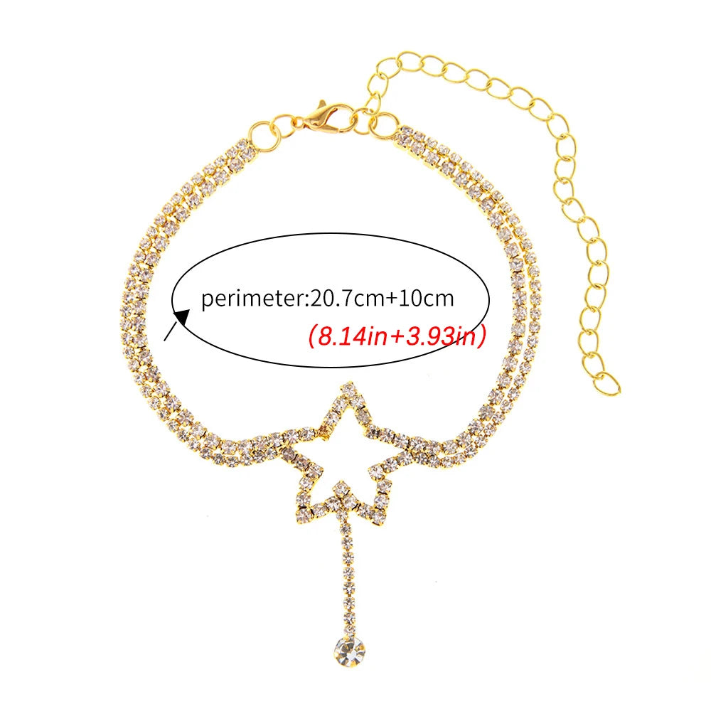 Dospita Fashion Star Shape Double Layer Foot Chain Women Rhinestone Anklet Bracelet Barefoot Beach Sandals Foot Accessories Jewelry