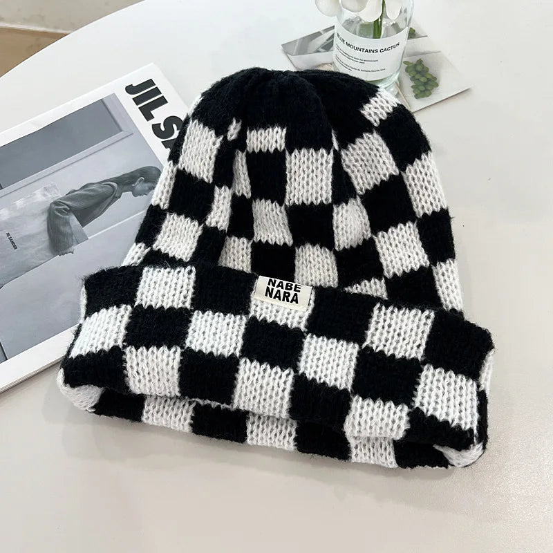 Dospita  -  Fashion Plaid Knitted Beanies for Women Winter Pullover Hat Red Green Color Checkerboard Skull Hat Street Casual Beanie Gorras