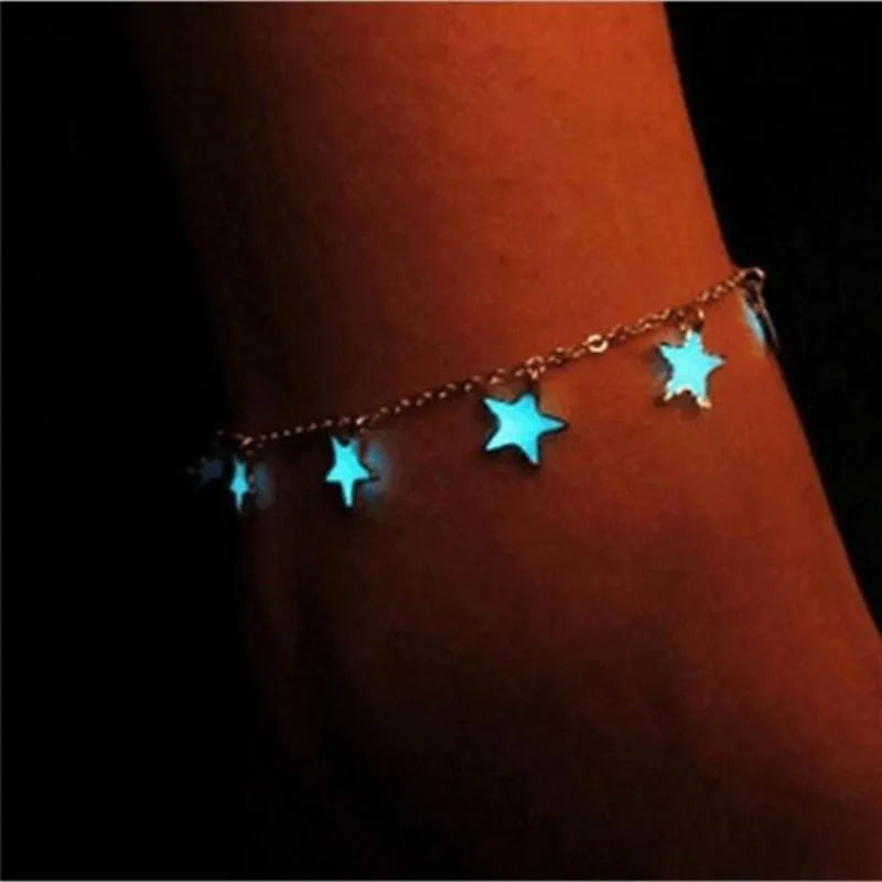 Dospita 1Pcs Luminous Ladies Beach Wind Blue Five-pointed Star Tassel Anklet Luminous Star Bracelet Foot Jewelry for Women Boho Jewelry